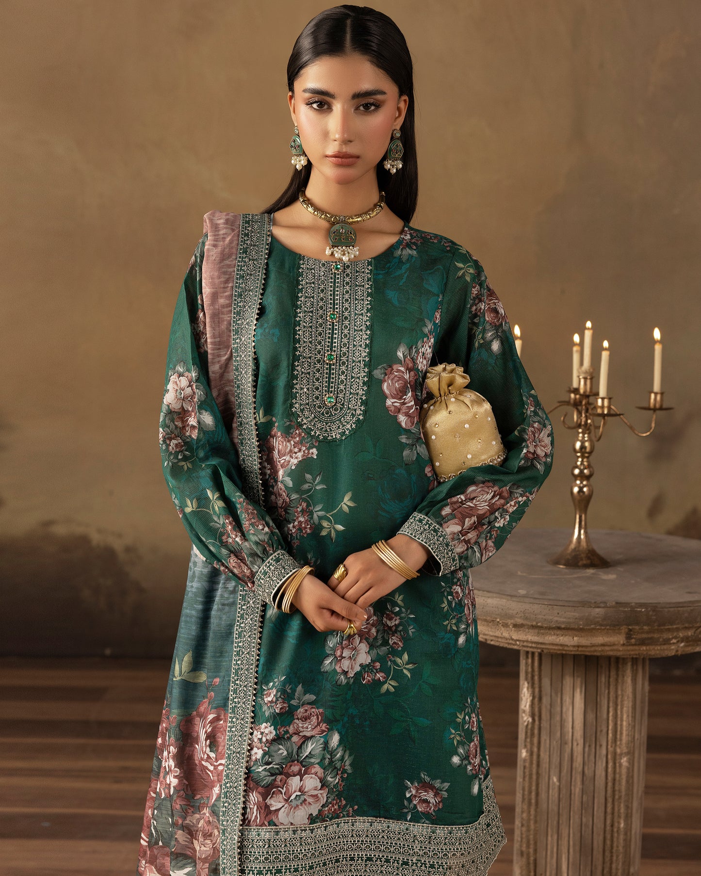 Digital Printed Fancy Chamki Lawn Shirt with Digital Printed Readymade Fancy Embroidered Four Side Patti Dupatta and Dyed Lawn Trouser