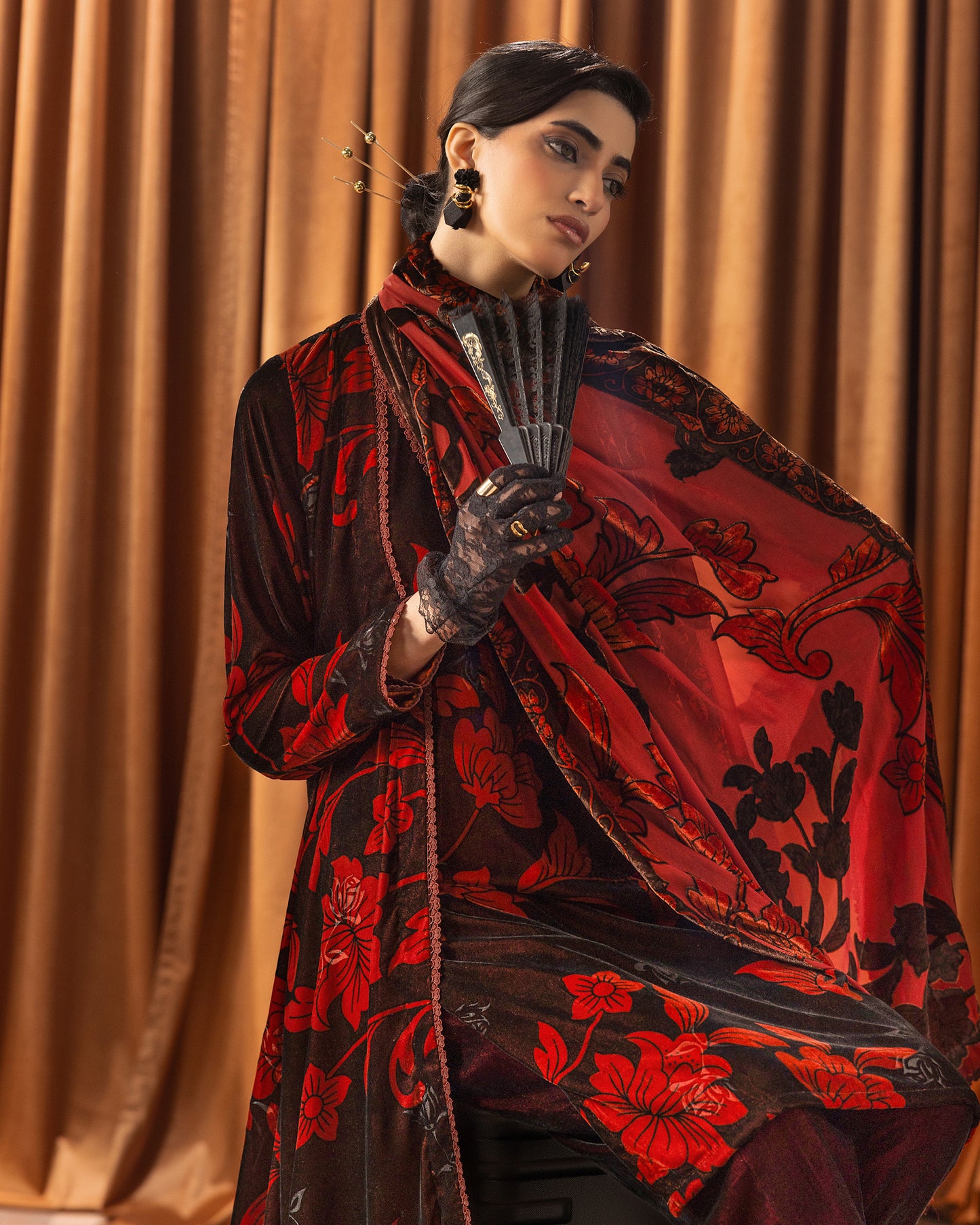 Printed Velvet Shirt & Printed Palachi Dupatta with Velvet Dyed Trouser