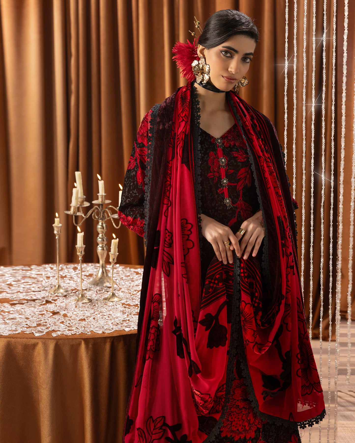 Printed Velvet Shirt & Printed Palachi Dupatta with Velvet Dyed Trouser