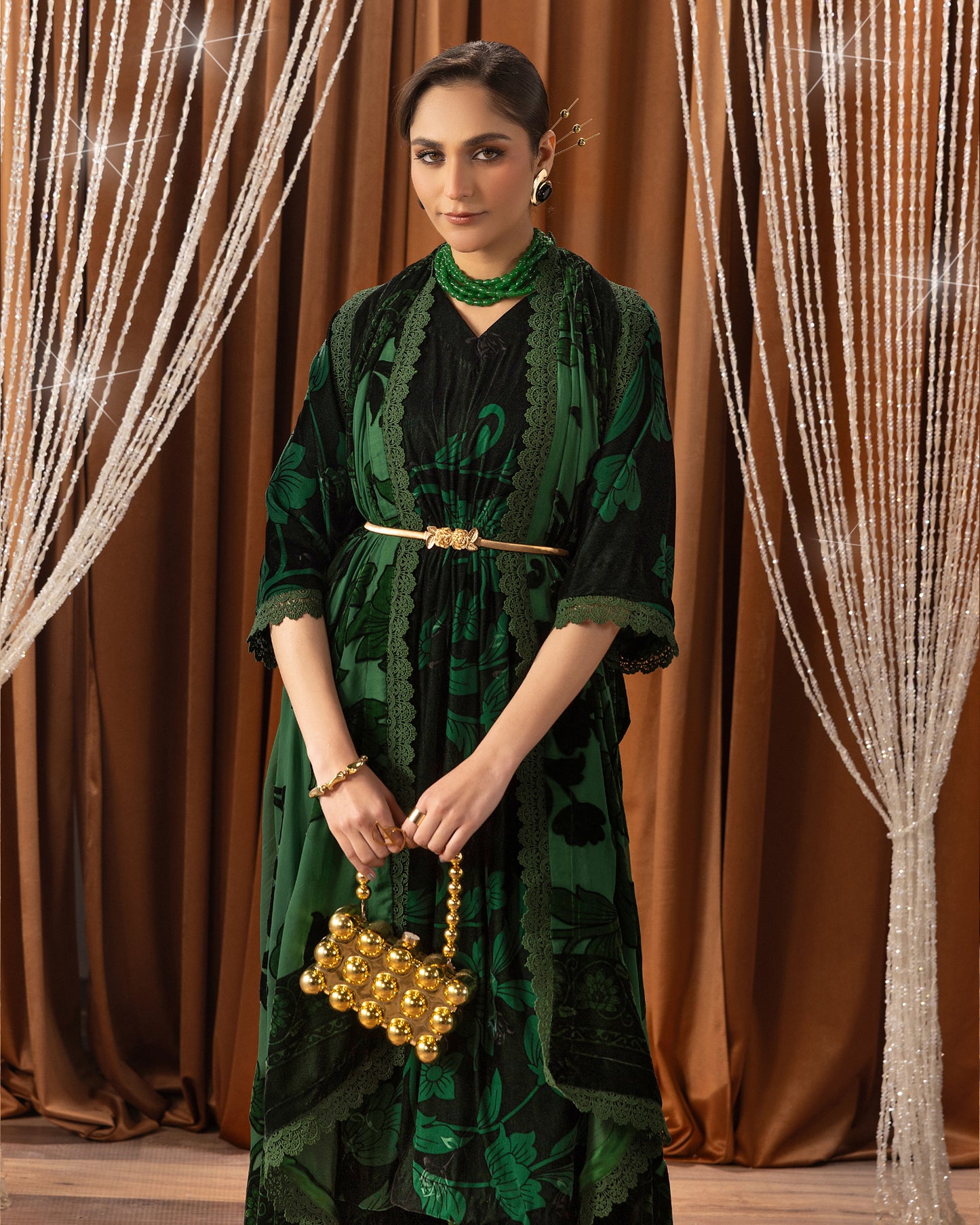 Printed Velvet Shirt & Printed Palachi Dupatta with Velvet Dyed Trouser