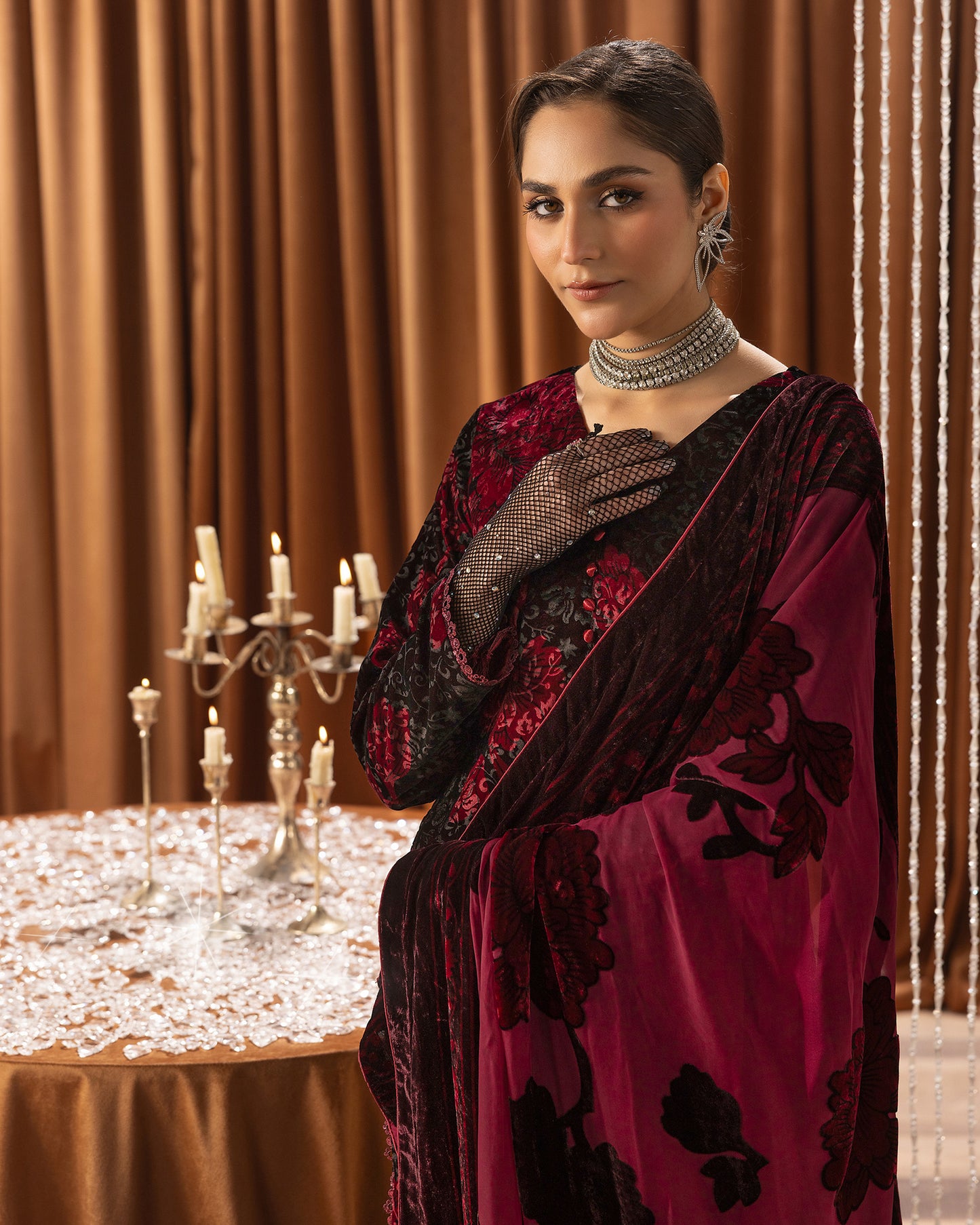 Printed Velvet Shirt & Printed Palachi Dupatta with Velvet Dyed Trouser
