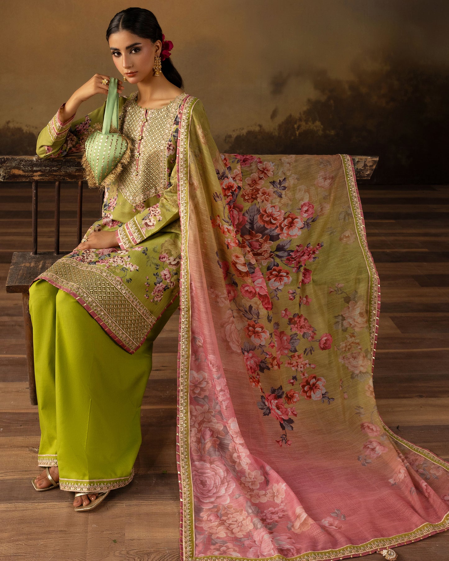 Digital Printed Fancy Chamki Lawn Shirt with Digital Printed Readymade Fancy Embroidered Four Side Patti Dupatta and Dyed Lawn Trouser
