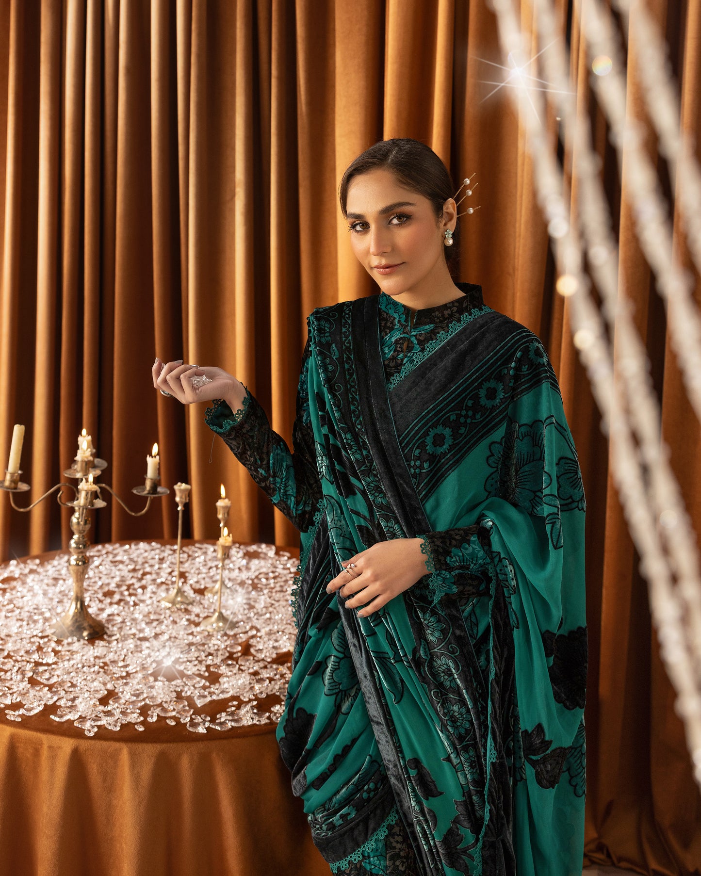 Printed Velvet Shirt & Printed Palachi Dupatta with Velvet Dyed Trouser