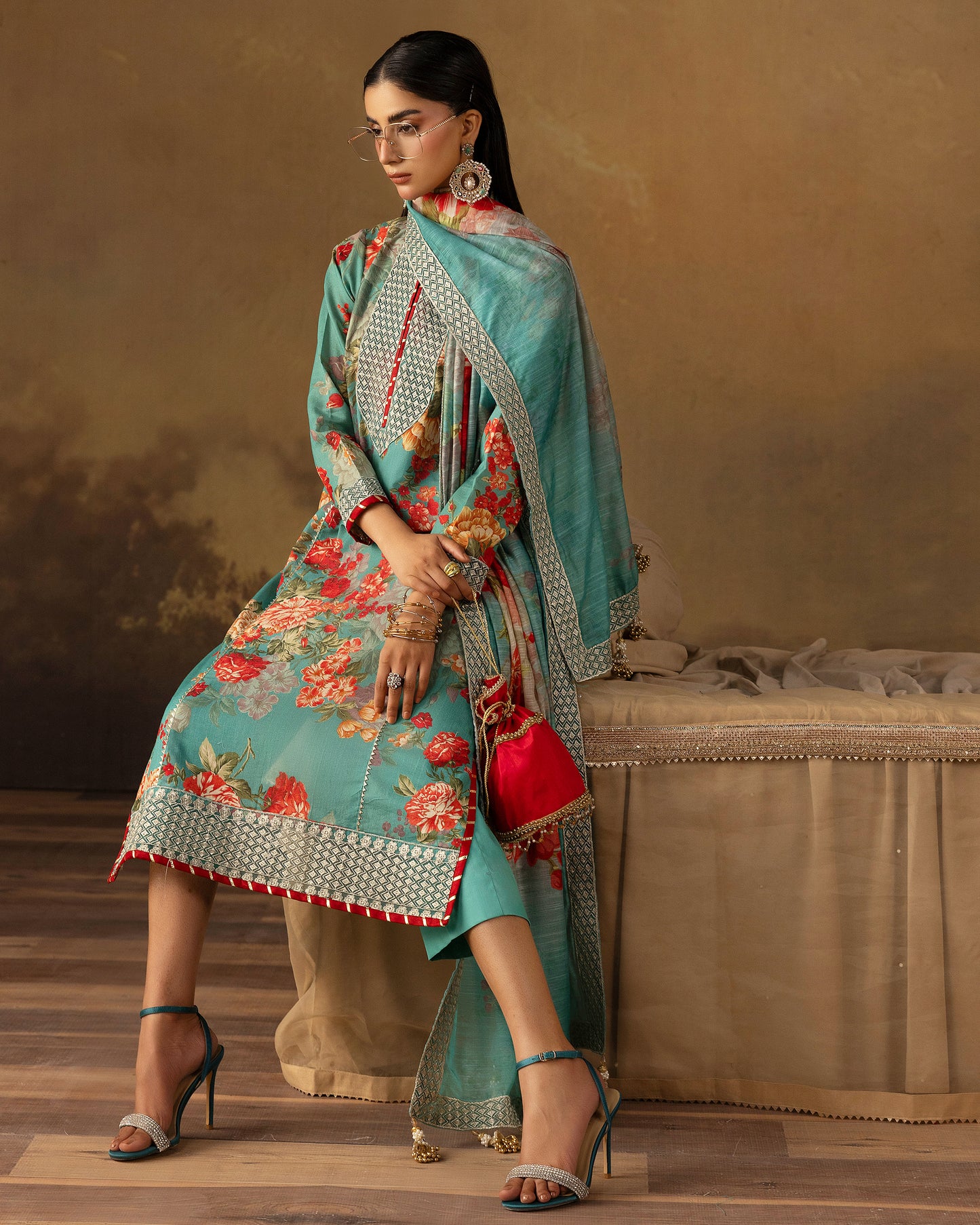 Digital Printed Fancy Chamki Lawn Shirt with Digital Printed Readymade Fancy Embroidered Four Side Patti Dupatta and Dyed Lawn Trouser