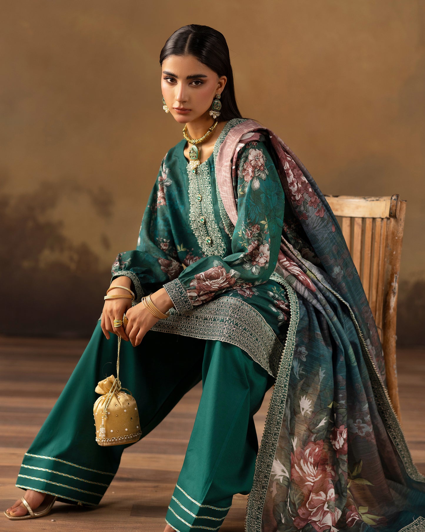 Digital Printed Fancy Chamki Lawn Shirt with  Digital Printed Readymade Fancy Embroidered Four Side Patti Dupatta and Dyed Lawn Trouser