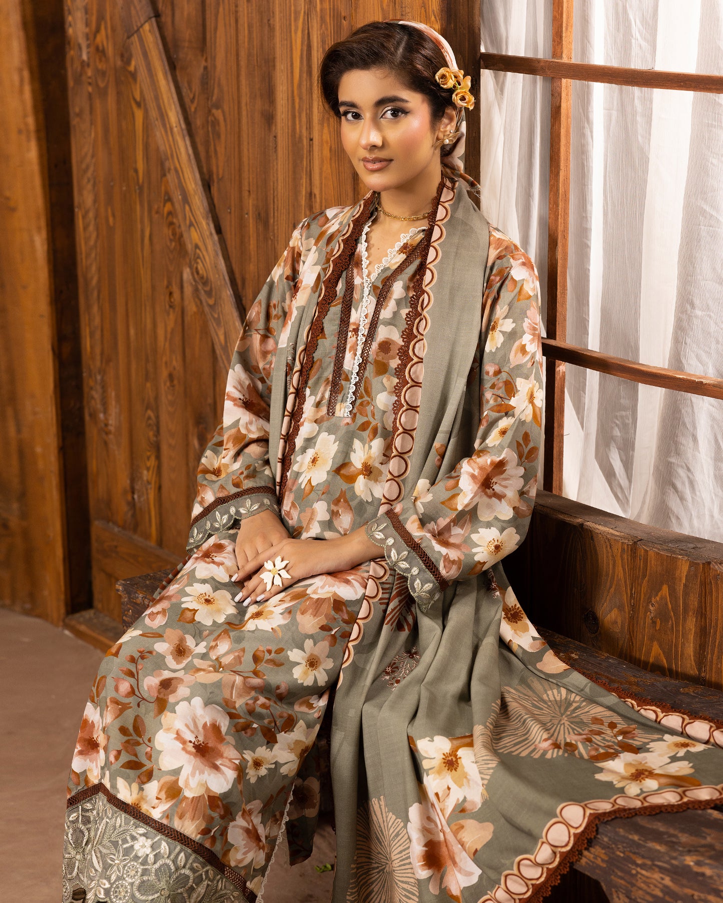 Printed Slub Stapple Shirt With Printed Slub Stapple Dupatta
