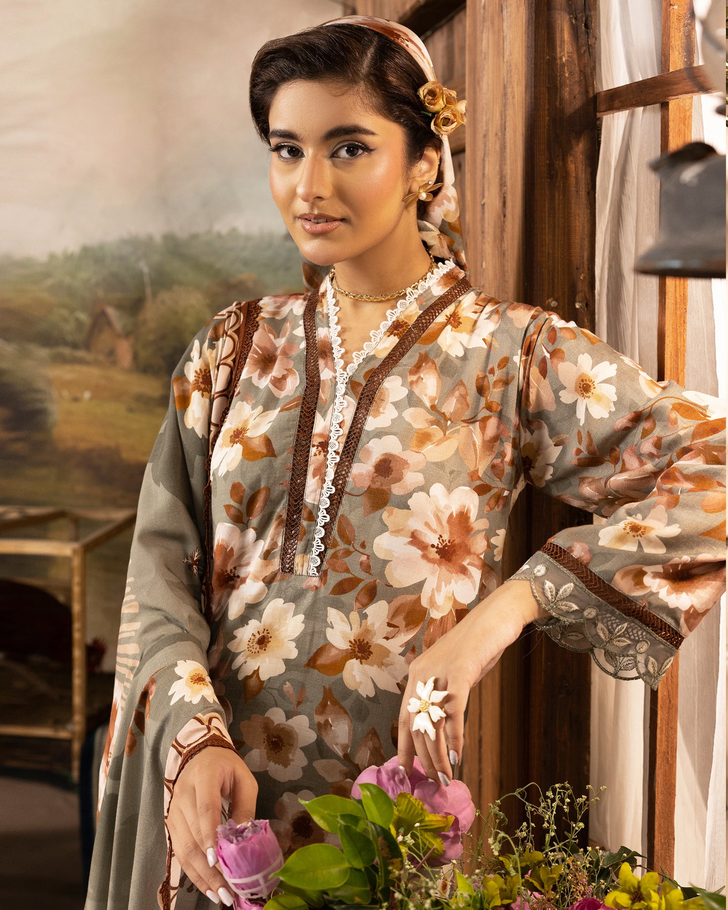 Printed Slub Stapple Shirt With Printed Slub Stapple Dupatta