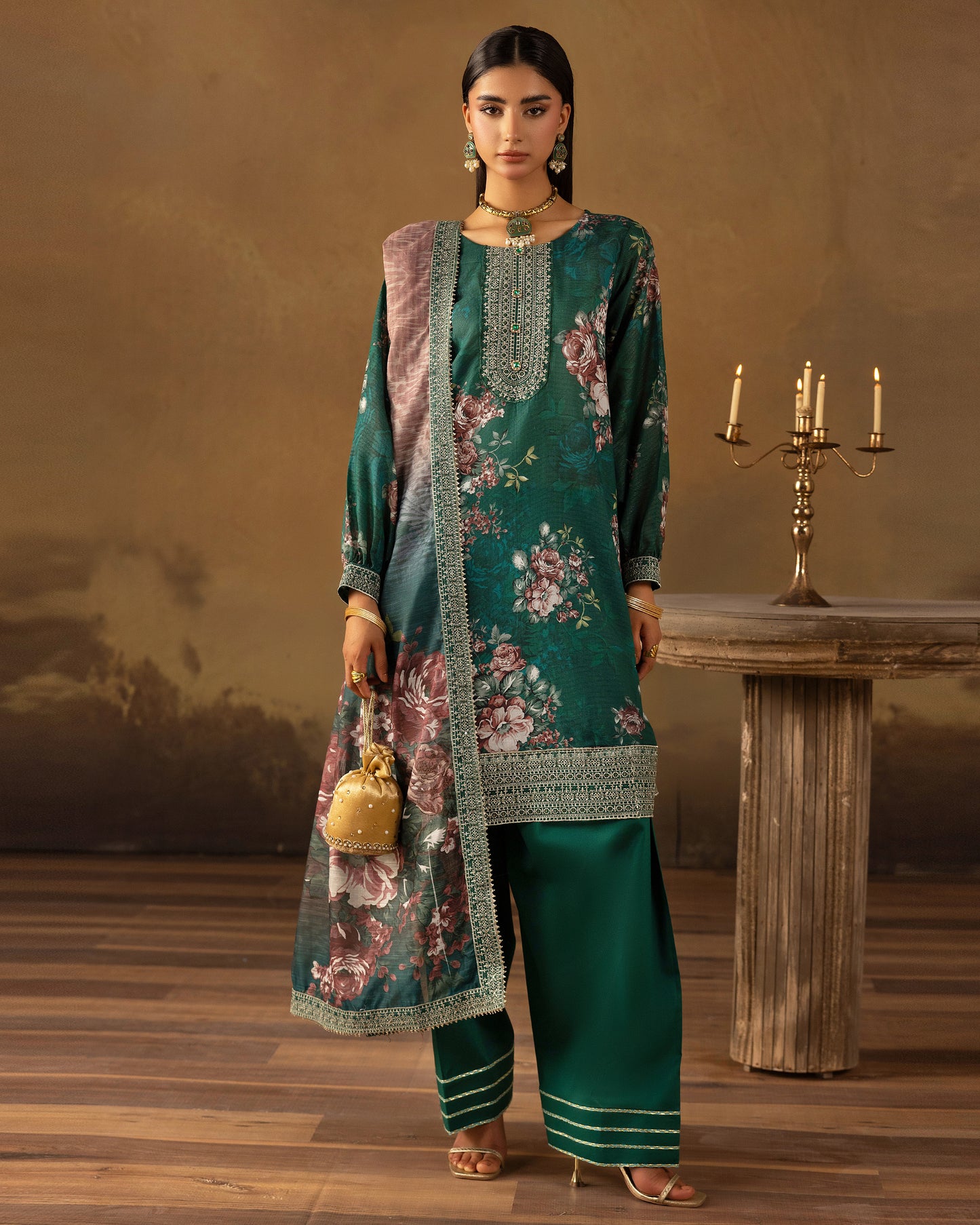 Digital Printed Fancy Chamki Lawn Shirt with  Digital Printed Readymade Fancy Embroidered Four Side Patti Dupatta and Dyed Lawn Trouser