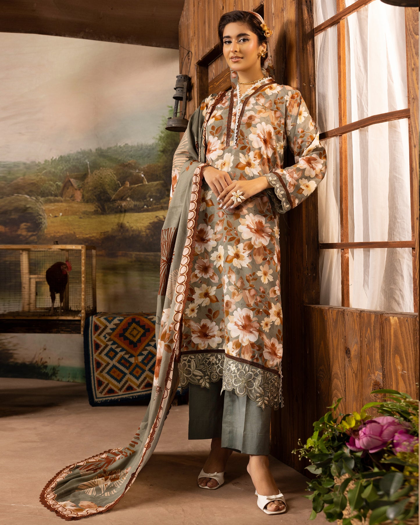 Printed Slub Stapple Shirt With Printed Slub Stapple Dupatta