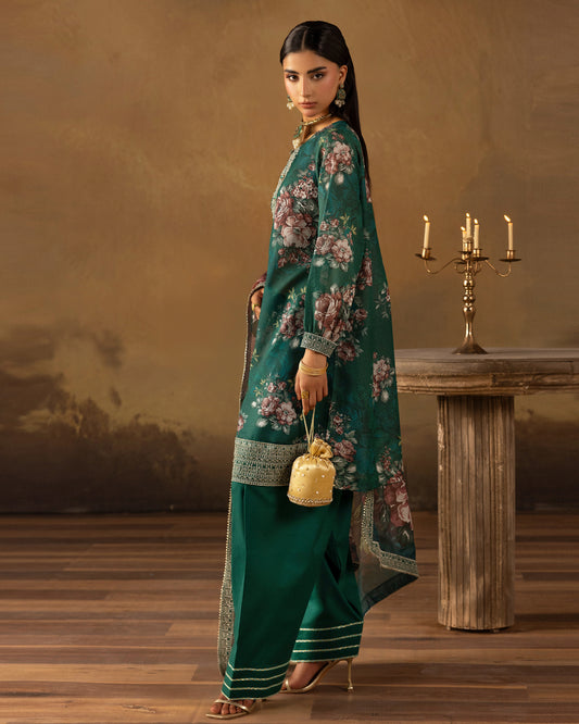 Digital Printed Fancy Chamki Lawn Shirt with  Digital Printed Readymade Fancy Embroidered Four Side Patti Dupatta and Dyed Lawn Trouser