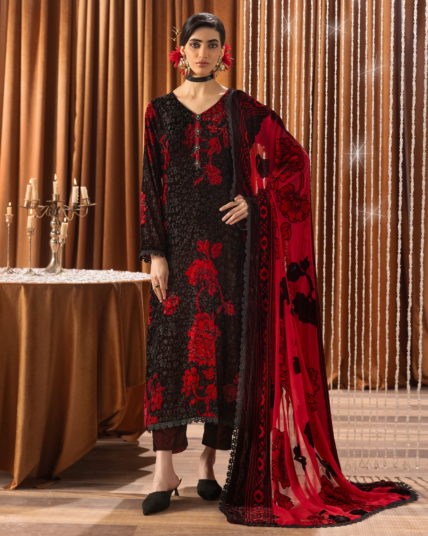 Printed Velvet Shirt & Printed  Palachi Dupatta with Velvet Dyed Trouser