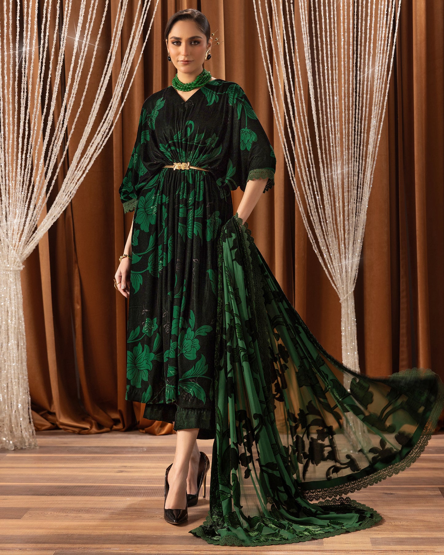 Printed Velvet Shirt & Printed  Palachi Dupatta with Velvet Dyed Trouser