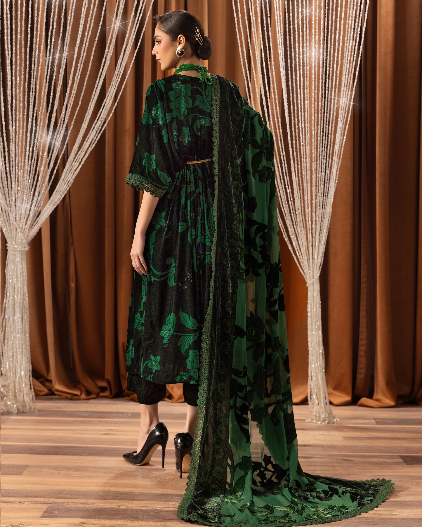Printed Velvet Shirt & Printed  Palachi Dupatta with Velvet Dyed Trouser