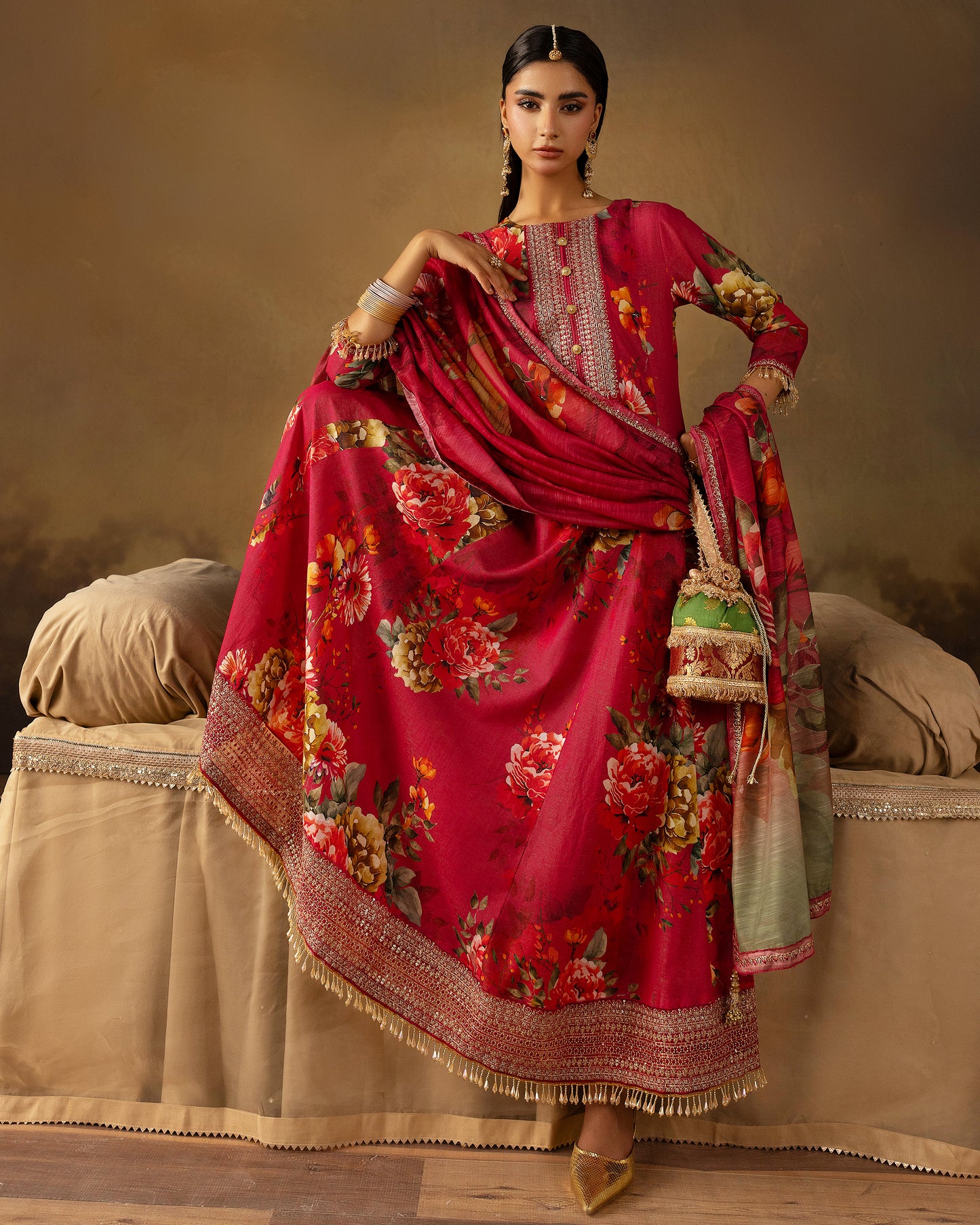 Digital Printed Fancy Chamki Lawn Shirt with  Digital Printed Readymade Fancy Embroidered Four Side Patti Dupatta and Dyed Lawn Trouser
