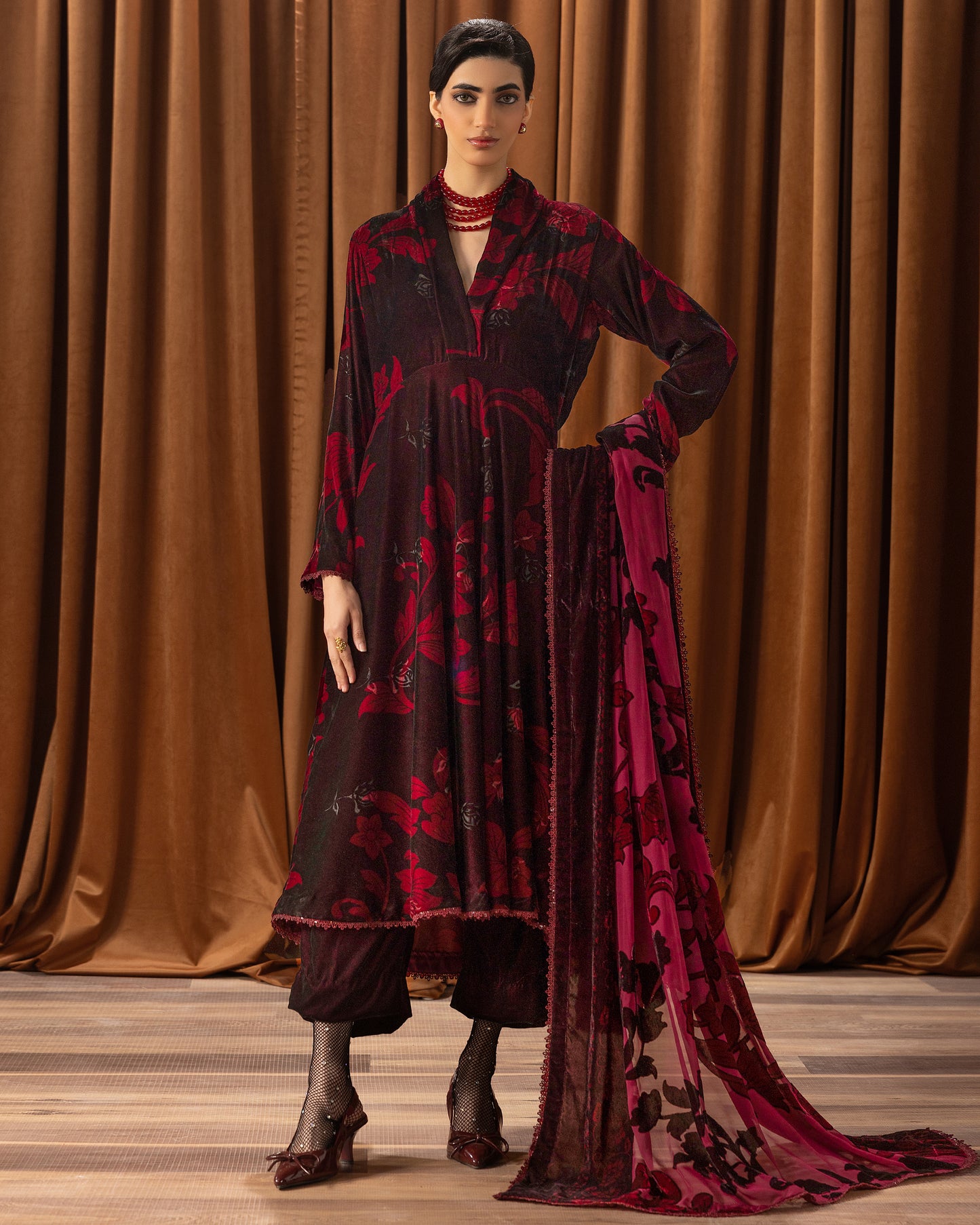 Printed Velvet Shirt & Printed  Palachi Dupatta with Velvet Dyed Trouser