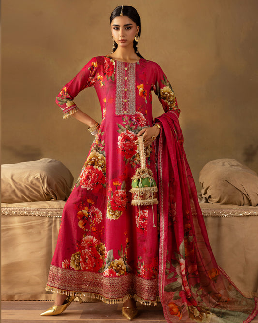 Digital Printed Fancy Chamki Lawn Shirt with  Digital Printed Readymade Fancy Embroidered Four Side Patti Dupatta and Dyed Lawn Trouser