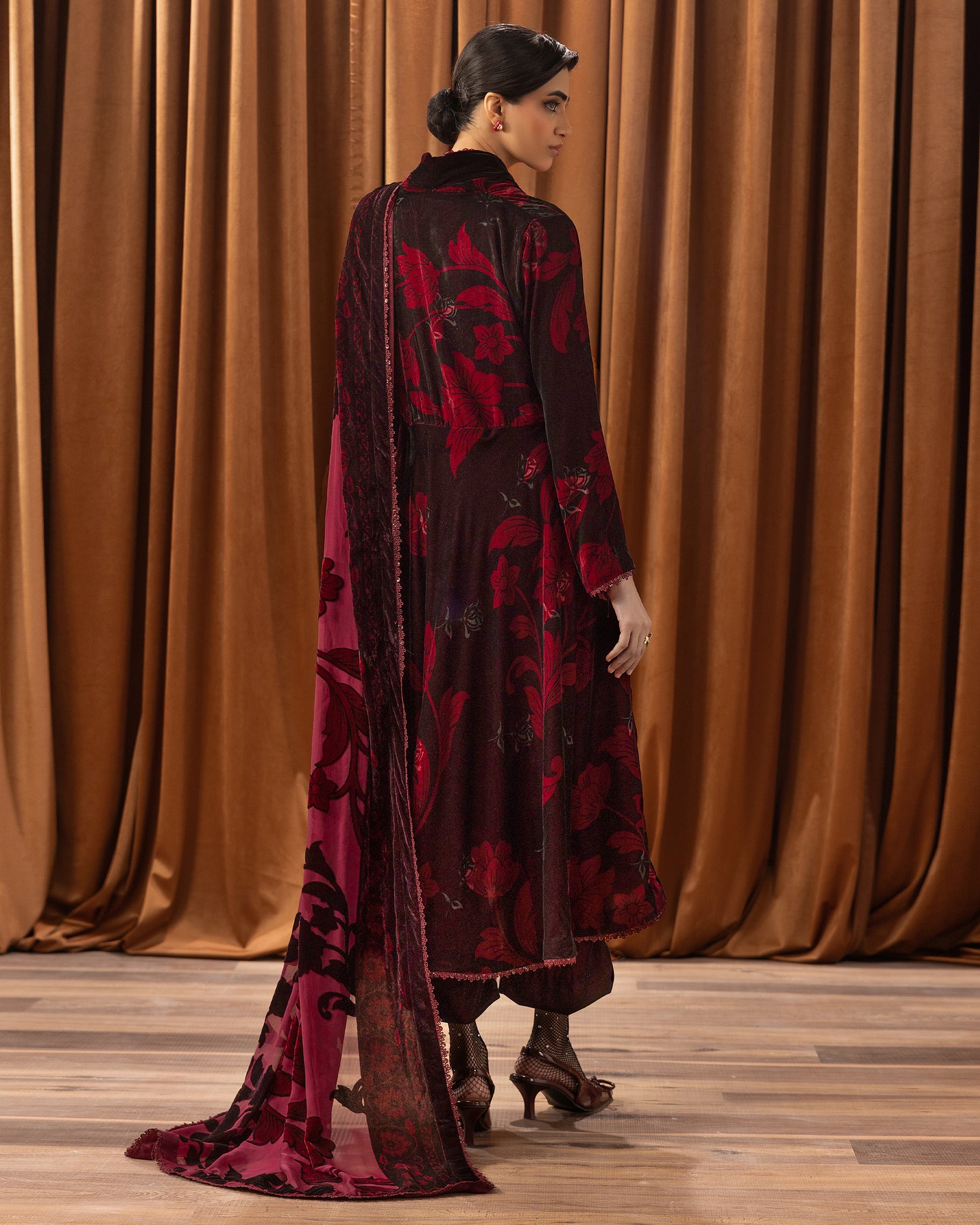 Printed Velvet Shirt & Printed  Palachi Dupatta with Velvet Dyed Trouser