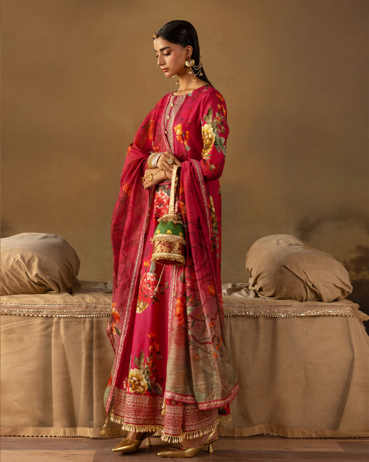 Digital Printed Fancy Chamki Lawn Shirt with  Digital Printed Readymade Fancy Embroidered Four Side Patti Dupatta and Dyed Lawn Trouser