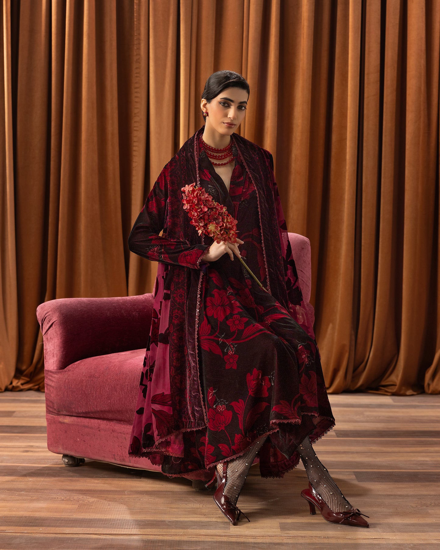 Printed Velvet Shirt & Printed  Palachi Dupatta with Velvet Dyed Trouser