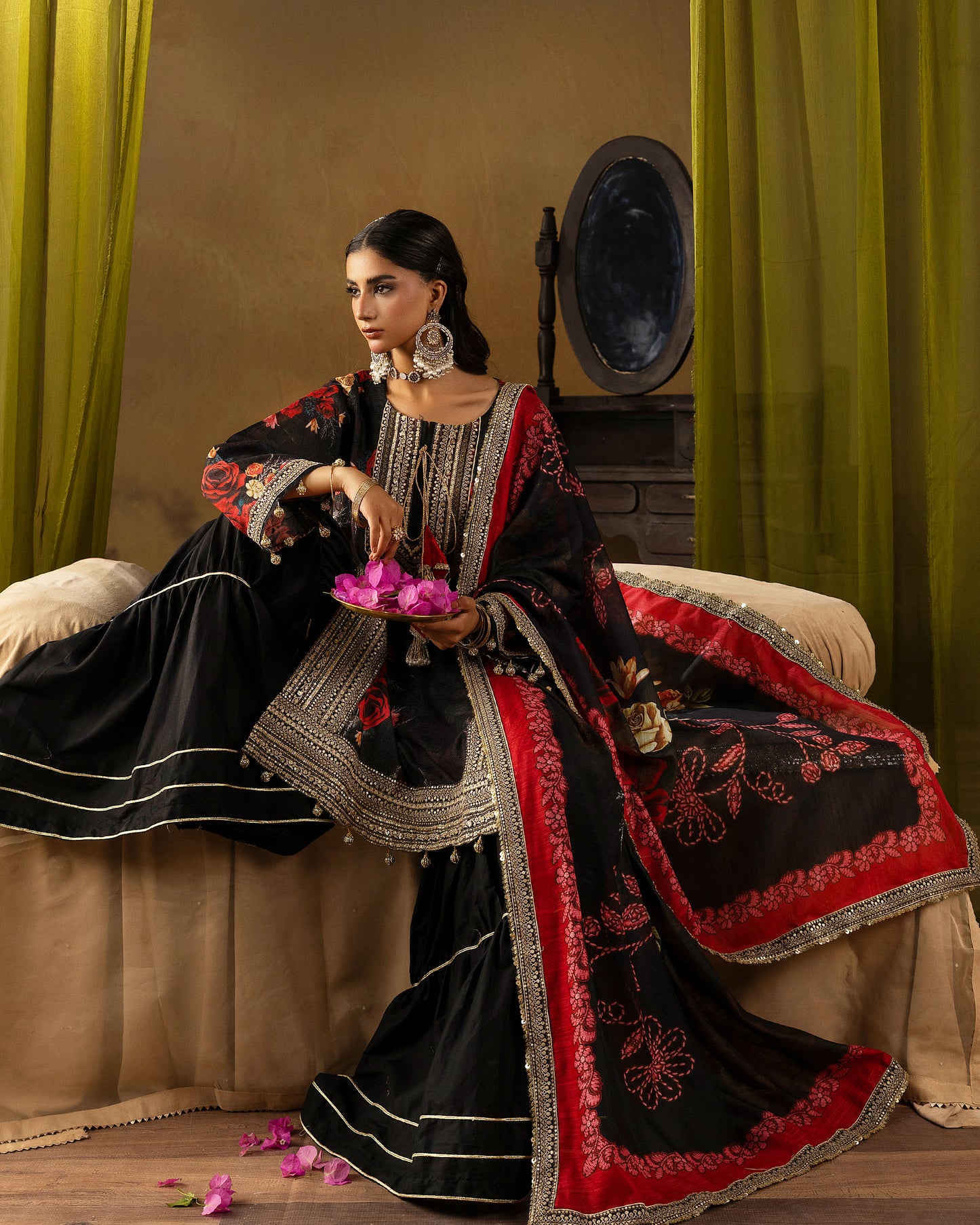 Digital Printed Fancy Chamki Lawn Shirt with  Digital Printed Readymade Fancy Embroidered Four Side Patti Dupatta and Dyed Lawn Trouser