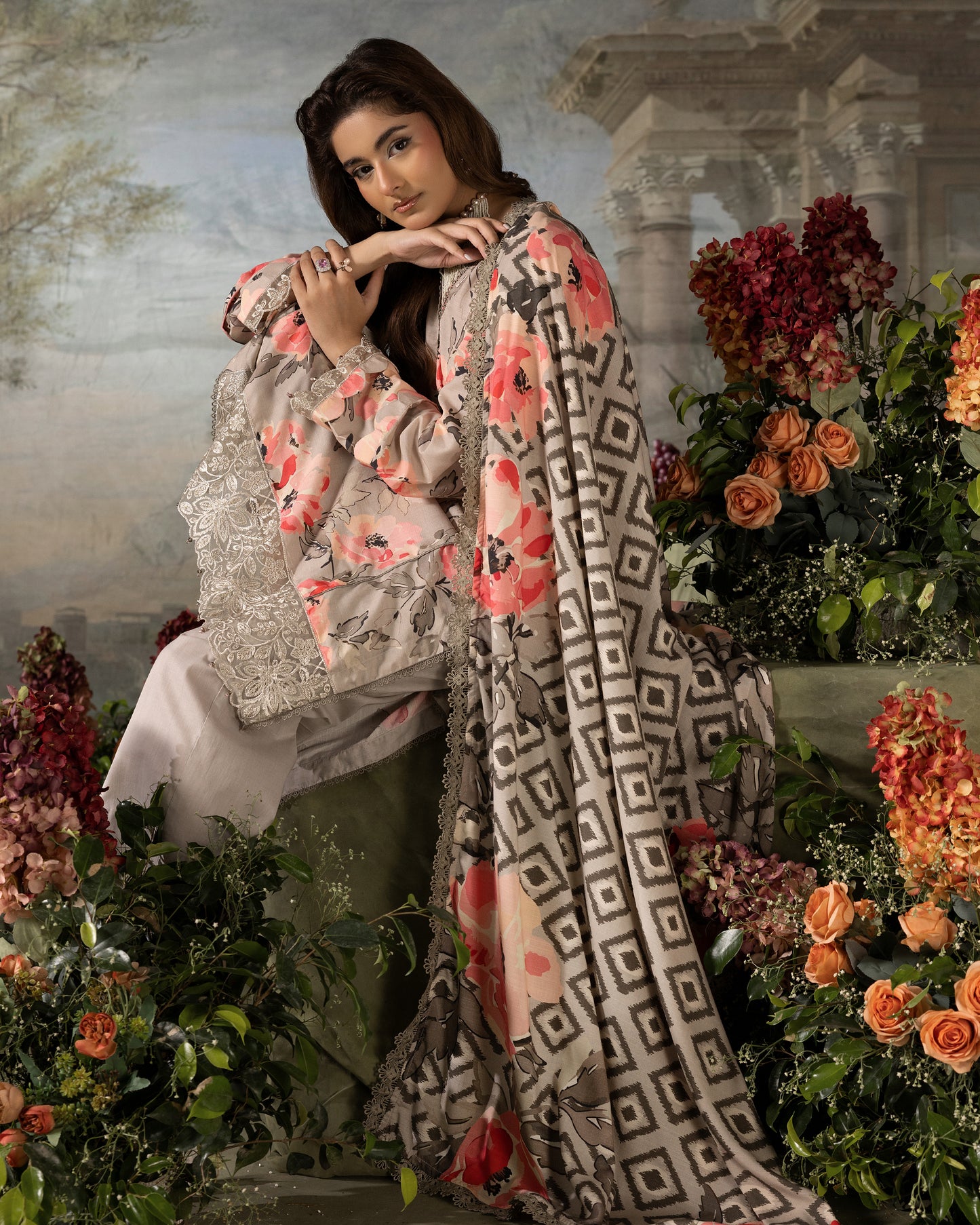 Printed Slub Stapple Shirt With Printed Slub Stapple Dupatta