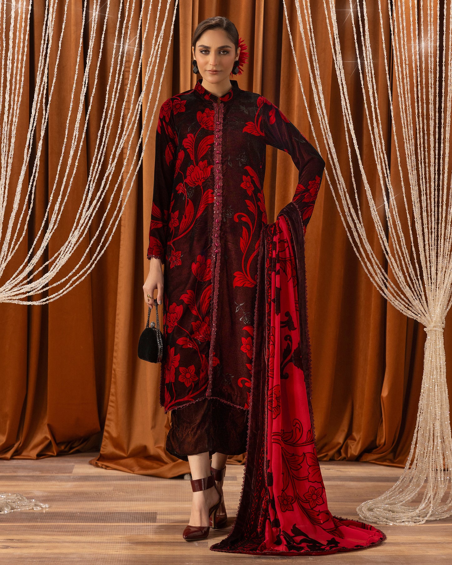 Printed Velvet Shirt & Printed  Palachi Dupatta with Velvet Dyed Trouser