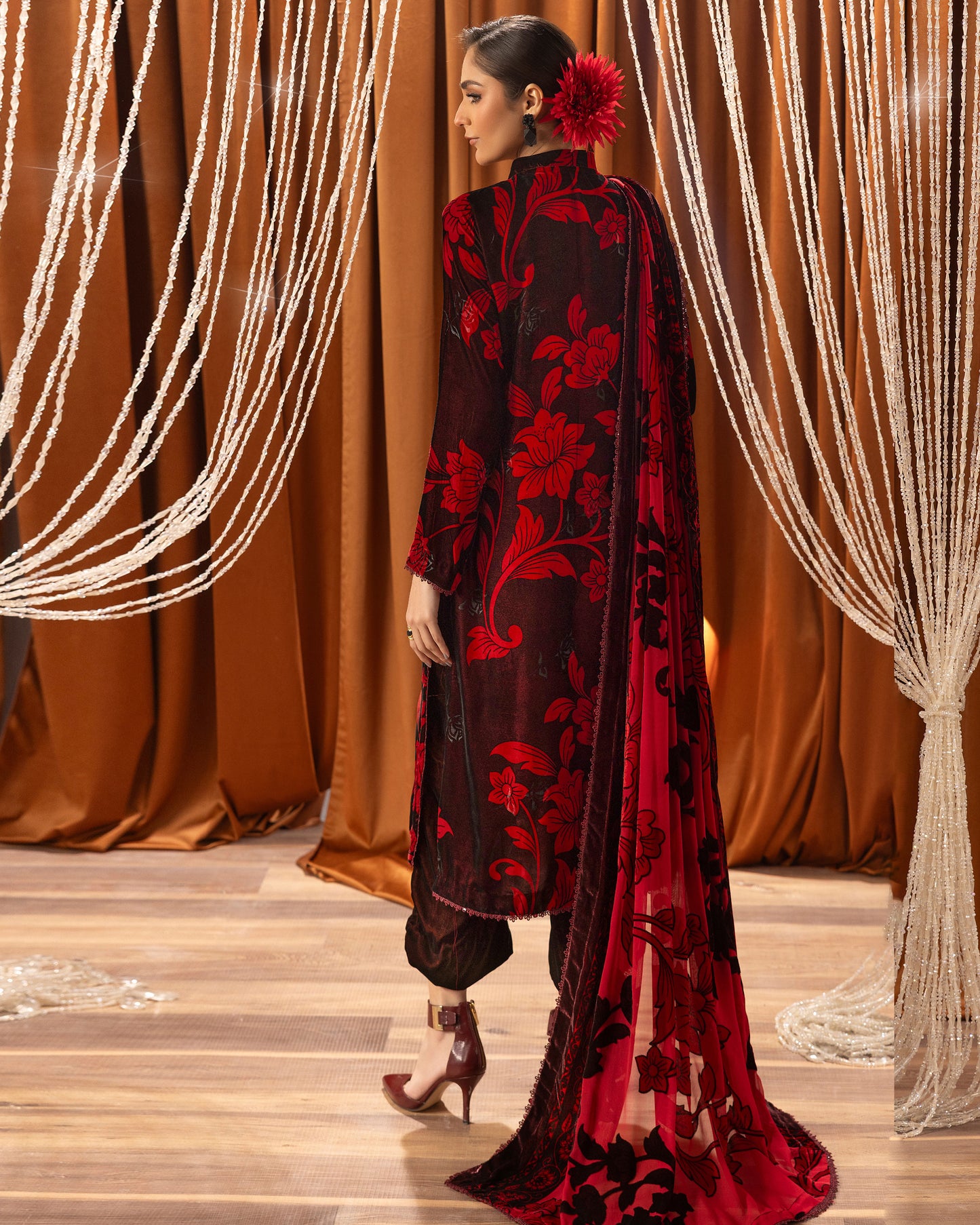 Printed Velvet Shirt & Printed  Palachi Dupatta with Velvet Dyed Trouser