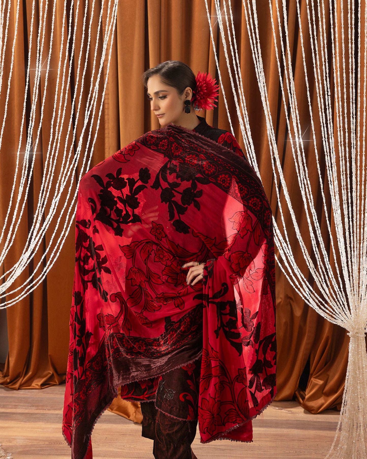 Printed Velvet Shirt & Printed  Palachi Dupatta with Velvet Dyed Trouser