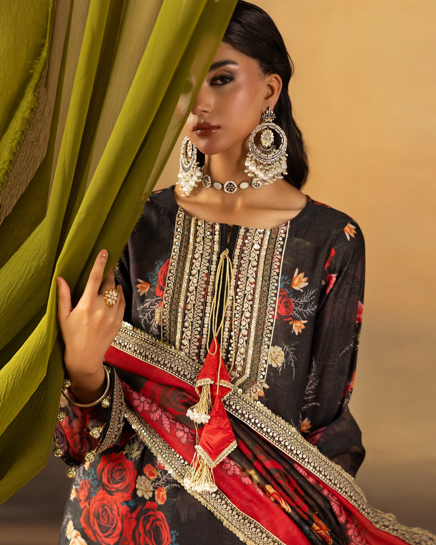 Digital Printed Fancy Chamki Lawn Shirt with  Digital Printed Readymade Fancy Embroidered Four Side Patti Dupatta and Dyed Lawn Trouser