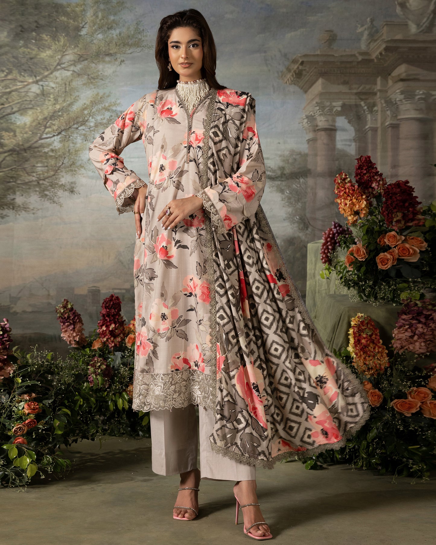 Printed Slub Stapple Shirt With Printed Slub Stapple Dupatta