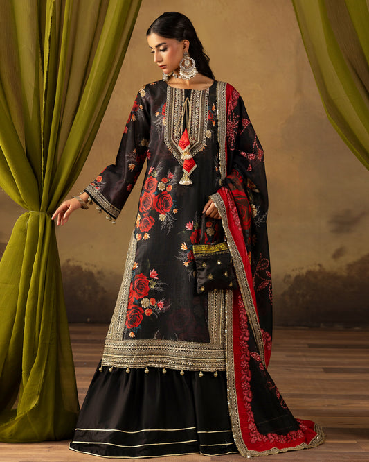 Digital Printed Fancy Chamki Lawn Shirt with  Digital Printed Readymade Fancy Embroidered Four Side Patti Dupatta and Dyed Lawn Trouser