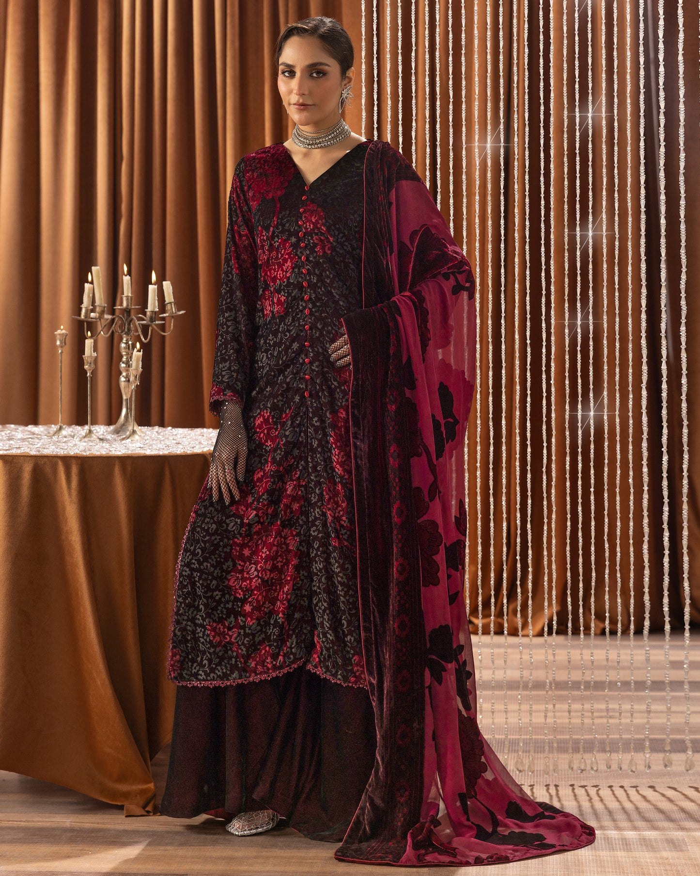 Printed Velvet Shirt & Printed  Palachi Dupatta with Velvet Dyed Trouser
