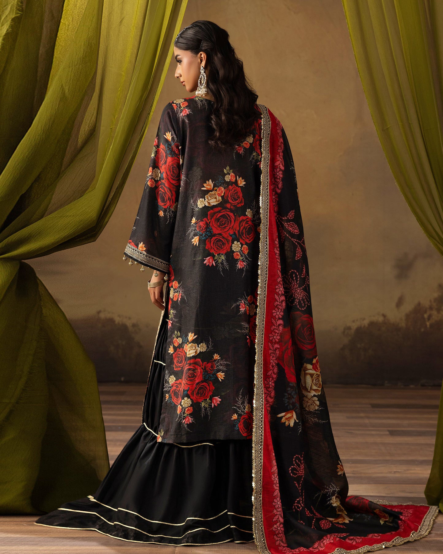 Digital Printed Fancy Chamki Lawn Shirt with  Digital Printed Readymade Fancy Embroidered Four Side Patti Dupatta and Dyed Lawn Trouser