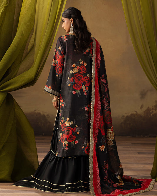 Digital Printed Fancy Chamki Lawn Shirt with  Digital Printed Readymade Fancy Embroidered Four Side Patti Dupatta and Dyed Lawn Trouser