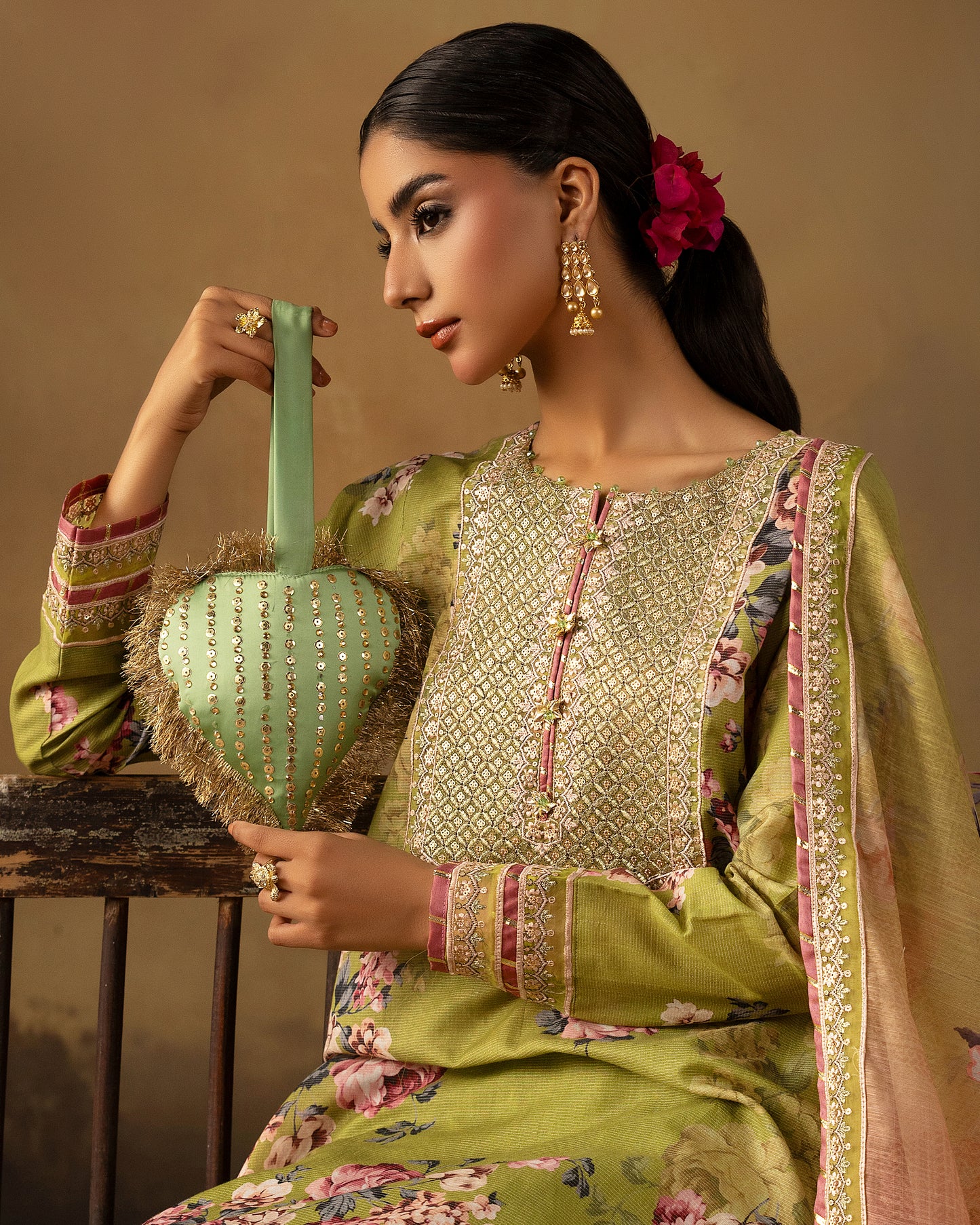 Digital Printed Fancy Chamki Lawn Shirt with  Digital Printed Readymade Fancy Embroidered Four Side Patti Dupatta and Dyed Lawn Trouser