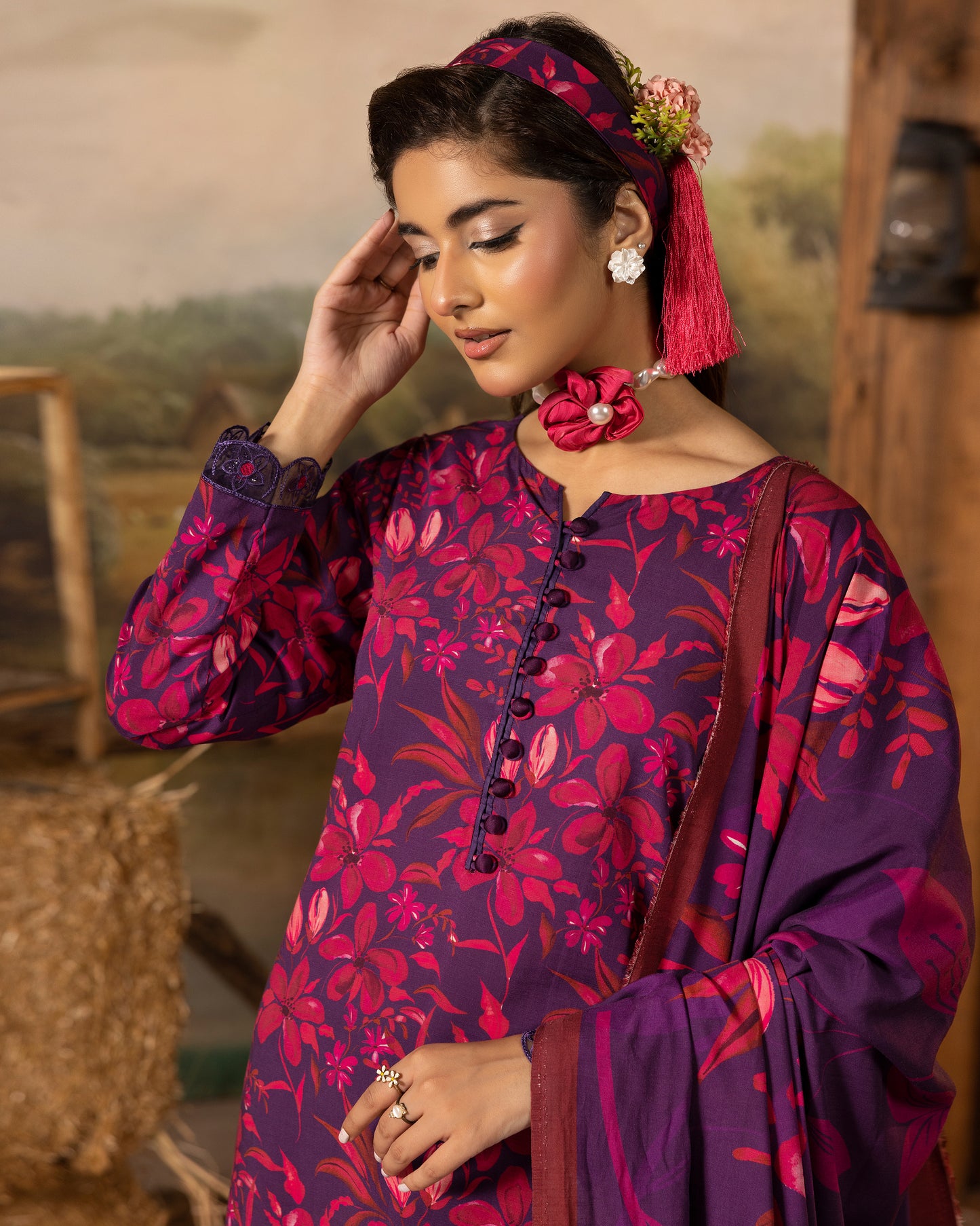 Printed Slub Stapple Shirt With Printed Slub Stapple Dupatta