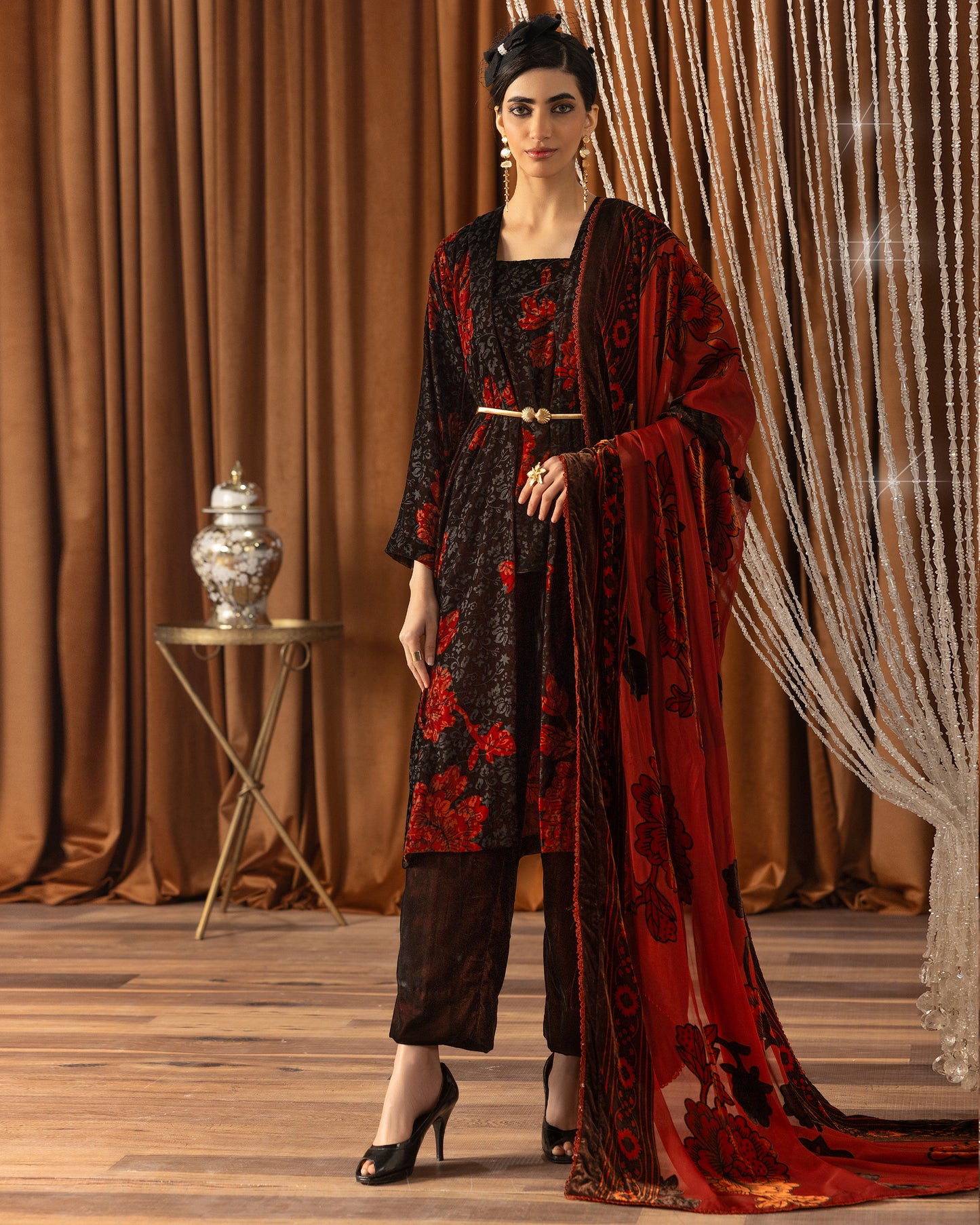 Printed Velvet Shirt & Printed  Palachi Dupatta with Velvet Dyed Trouser