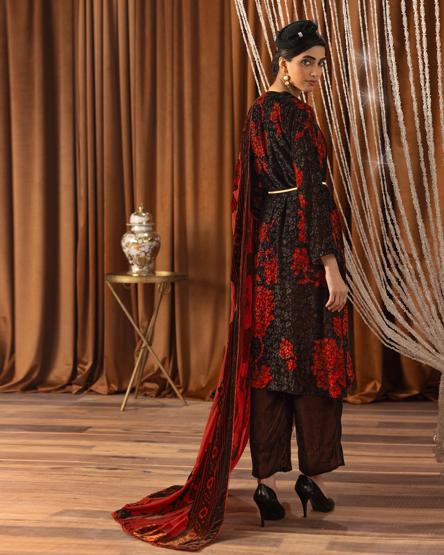 Printed Velvet Shirt & Printed  Palachi Dupatta with Velvet Dyed Trouser