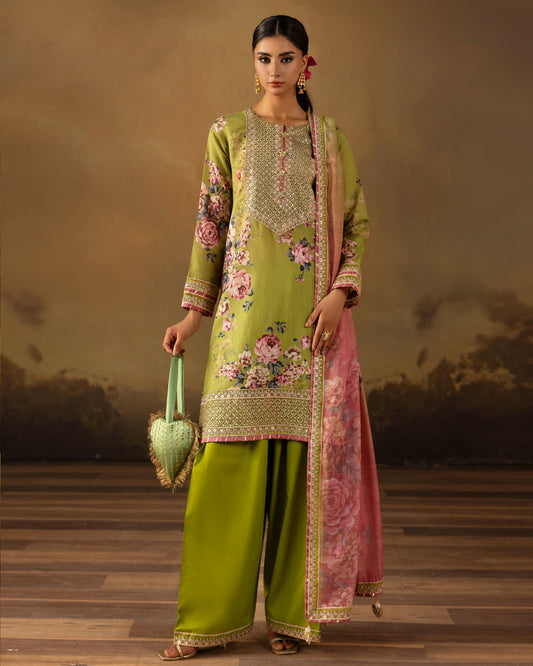 Digital Printed Fancy Chamki Lawn Shirt with  Digital Printed Readymade Fancy Embroidered Four Side Patti Dupatta and Dyed Lawn Trouser