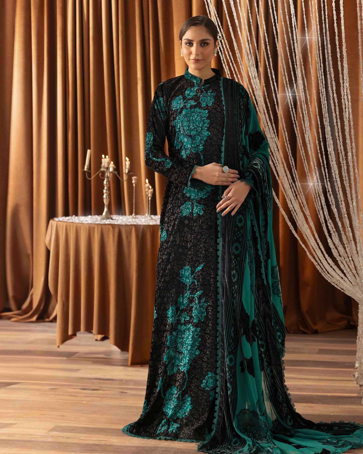 Printed Velvet Shirt & Printed  Palachi Dupatta with Velvet Dyed Trouser
