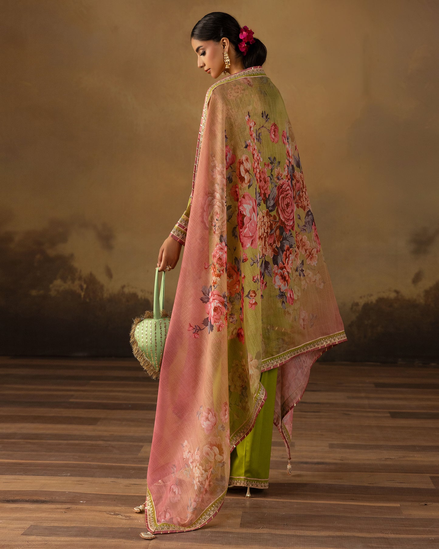 Digital Printed Fancy Chamki Lawn Shirt with  Digital Printed Readymade Fancy Embroidered Four Side Patti Dupatta and Dyed Lawn Trouser
