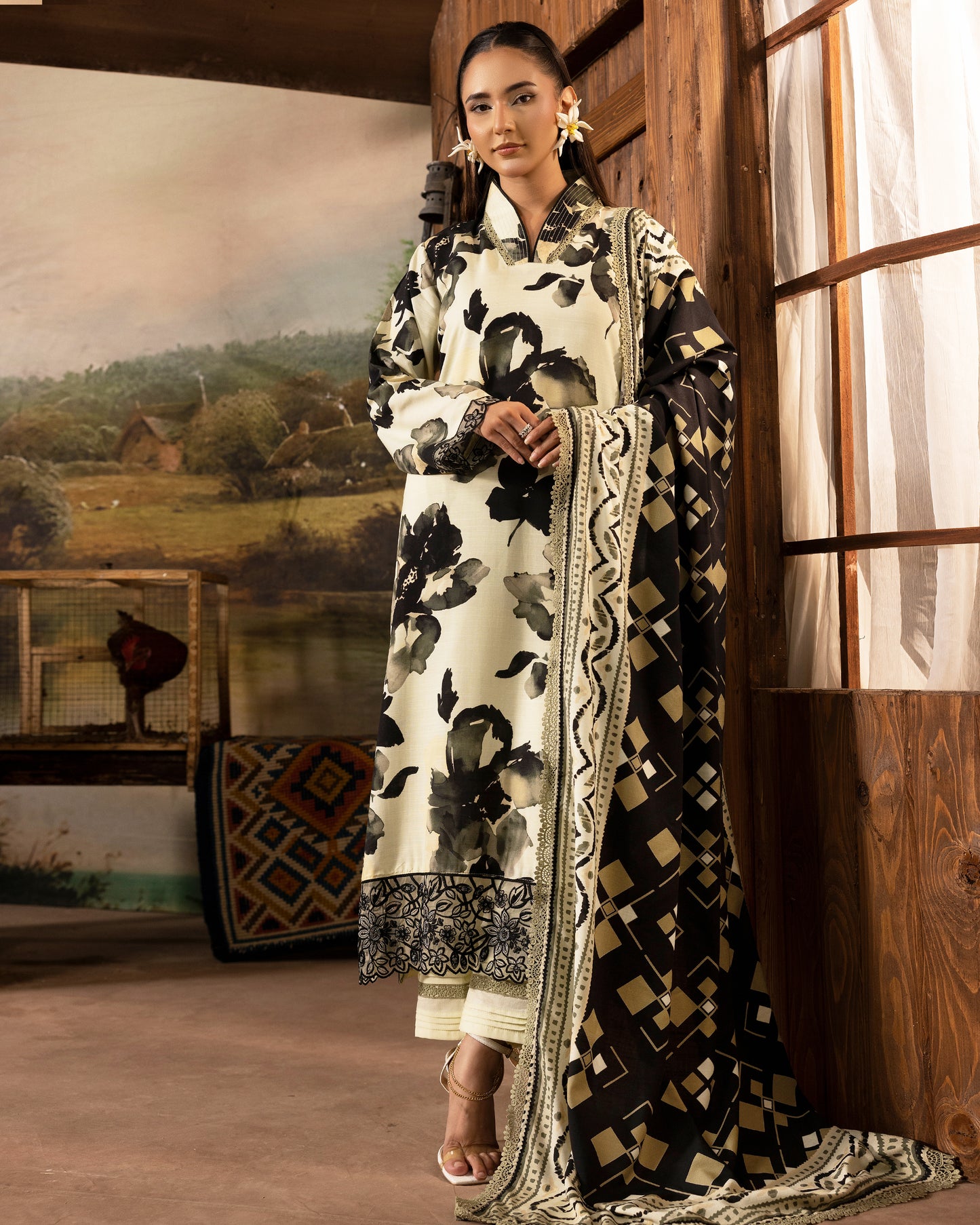 Printed Slub Stapple Shirt With Printed Slub Stapple Dupatta