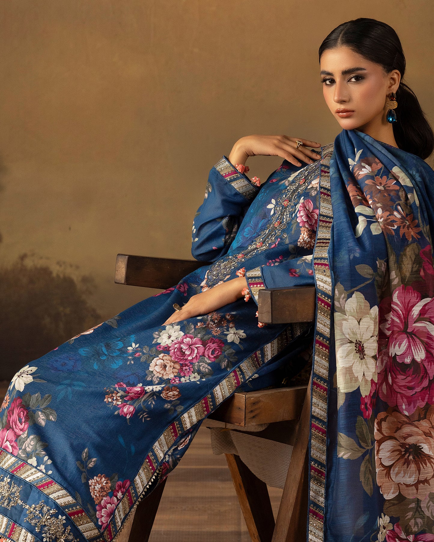 Digital Printed Fancy Chamki Lawn Shirt with  Digital Printed Readymade Fancy Embroidered Four Side Patti Dupatta and Dyed Lawn Trouser