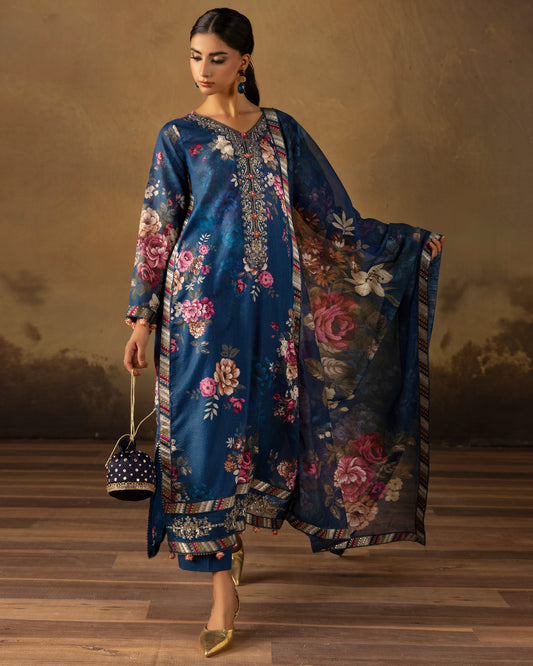 Digital Printed Fancy Chamki Lawn Shirt with  Digital Printed Readymade Fancy Embroidered Four Side Patti Dupatta and Dyed Lawn Trouser