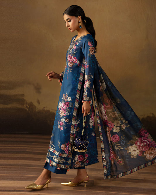 Digital Printed Fancy Chamki Lawn Shirt with  Digital Printed Readymade Fancy Embroidered Four Side Patti Dupatta and Dyed Lawn Trouser