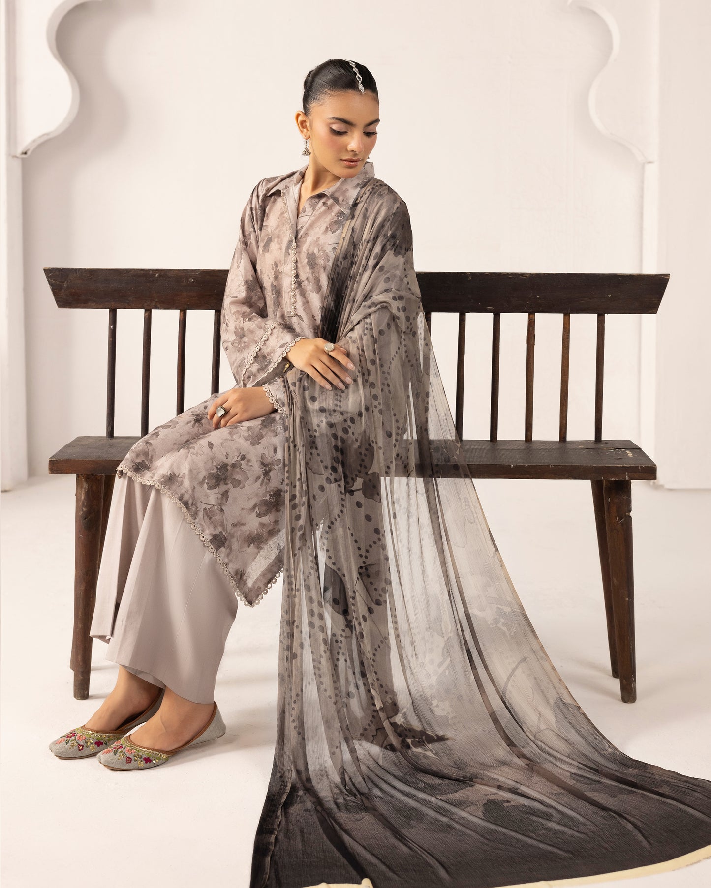 Digital Printed Karandi Shirt With Digital Printed Crinkle Dupatta & Karandi Dyed Trouser