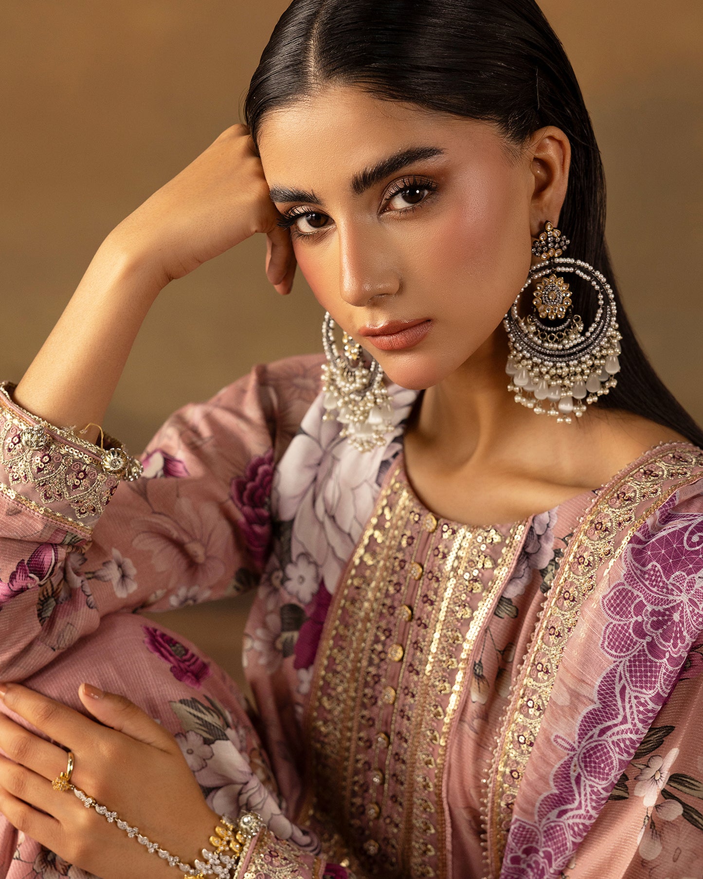 Digital Printed Fancy Chamki Lawn Shirt with  Digital Printed Readymade Fancy Embroidered Four Side Patti Dupatta and Dyed Lawn Trouser
