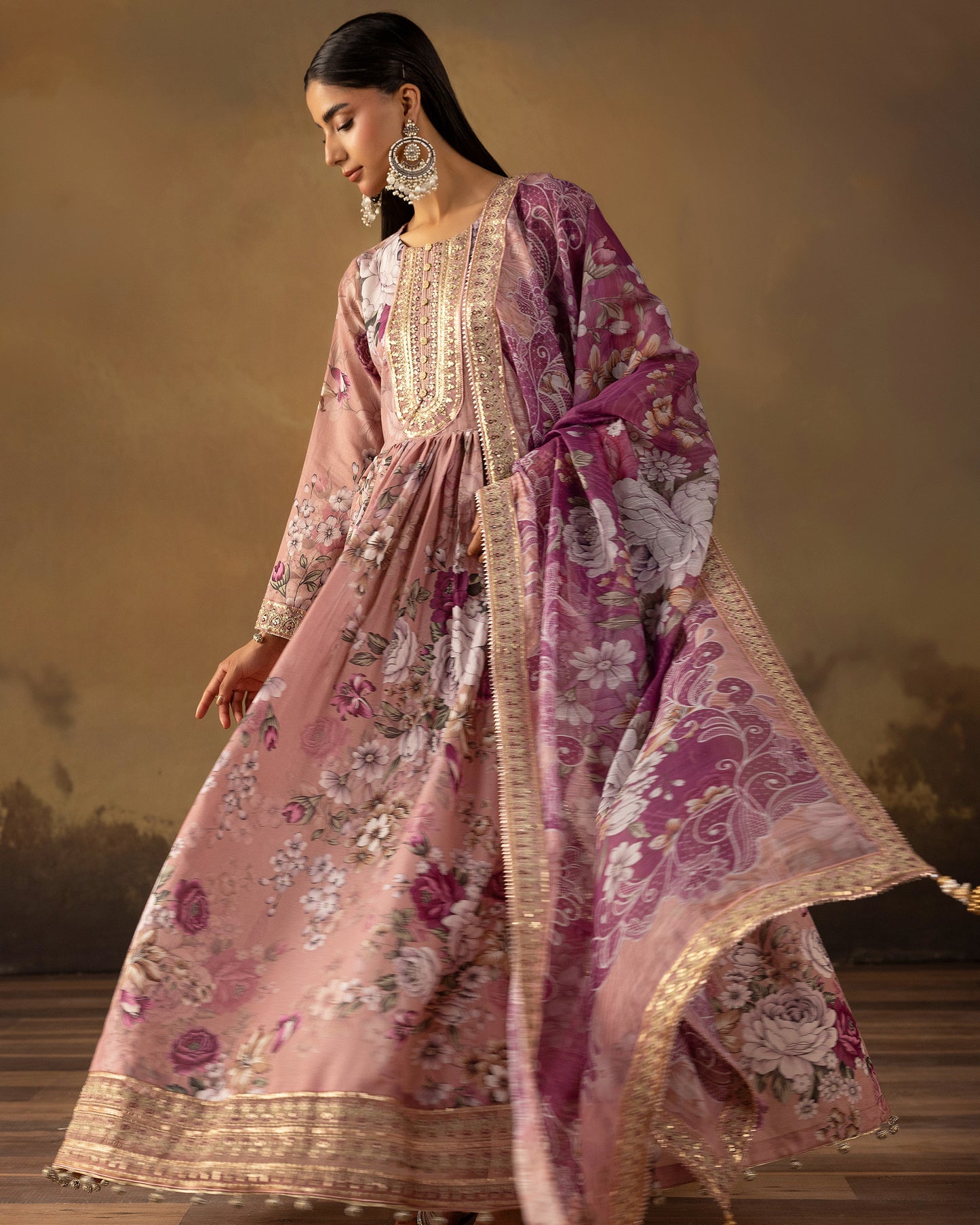 Digital Printed Fancy Chamki Lawn Shirt with  Digital Printed Readymade Fancy Embroidered Four Side Patti Dupatta and Dyed Lawn Trouser