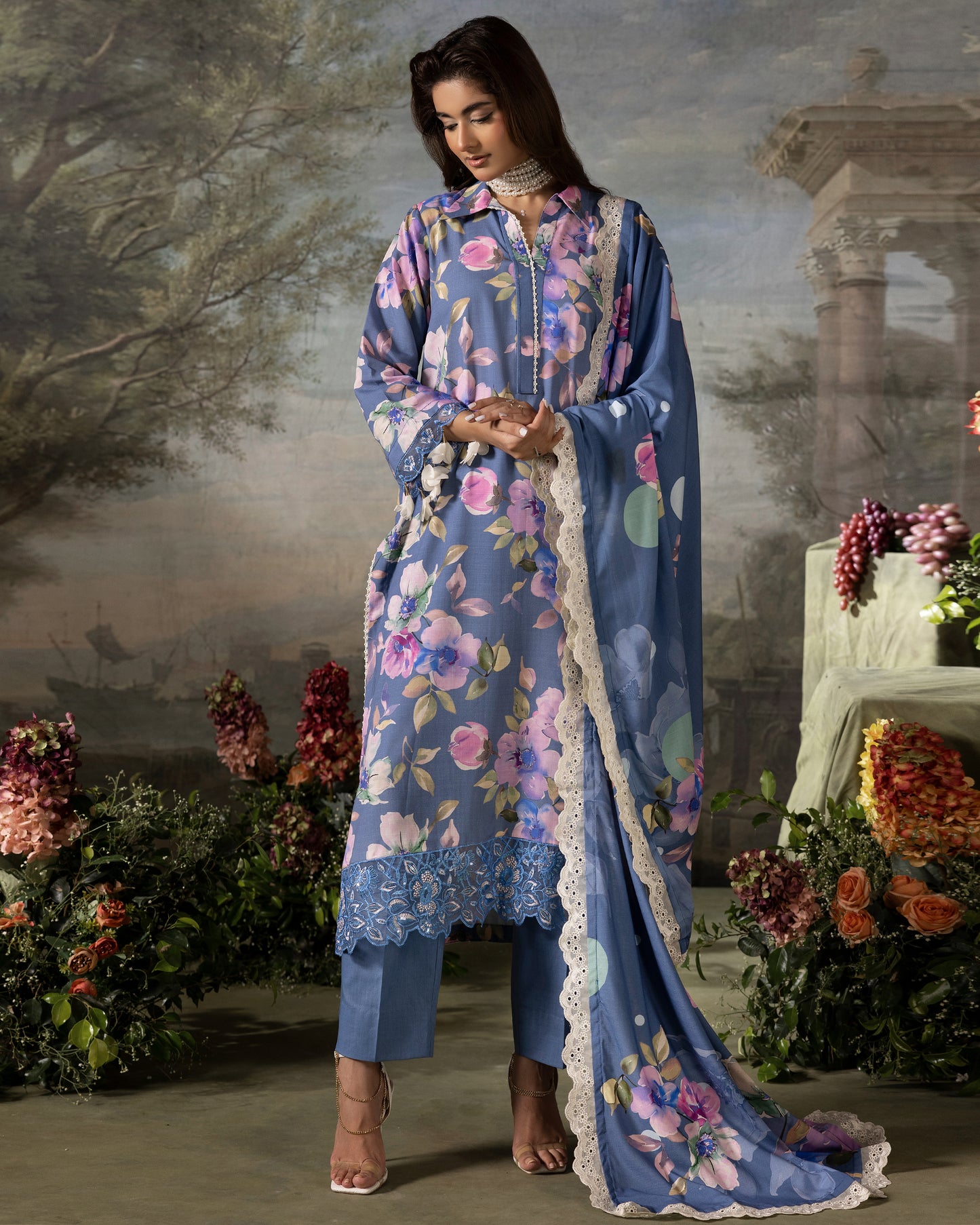 Printed Slub Stapple Shirt With Printed Slub Stapple Dupatta
