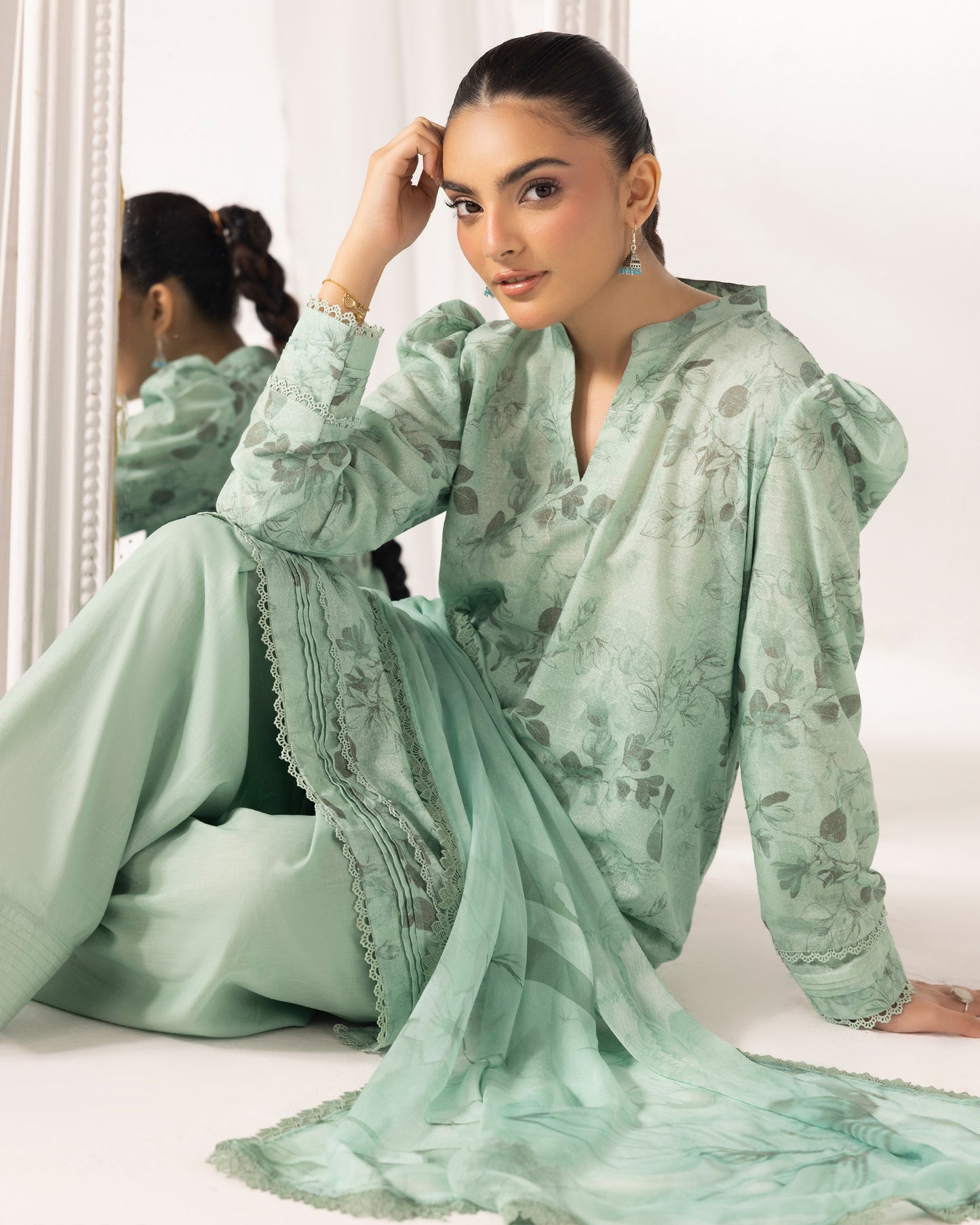 Digital Printed Karandi Shirt With Digital Printed Crinkle Dupatta & Karandi Dyed Trouser